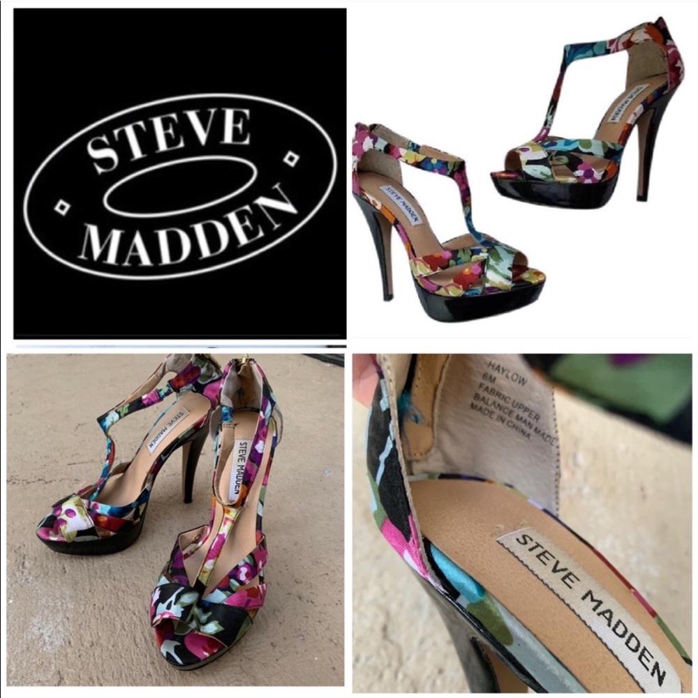 steve madden haylow t-strap floral heels sandals
